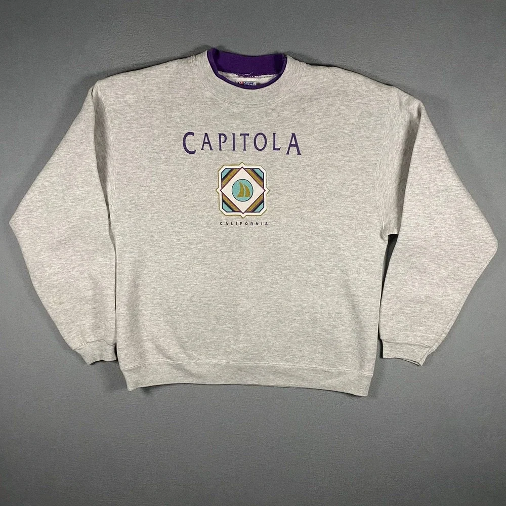 Vintage Hanes Capitola California Sweatshirt Mens XL Grey Double Collar Made USA